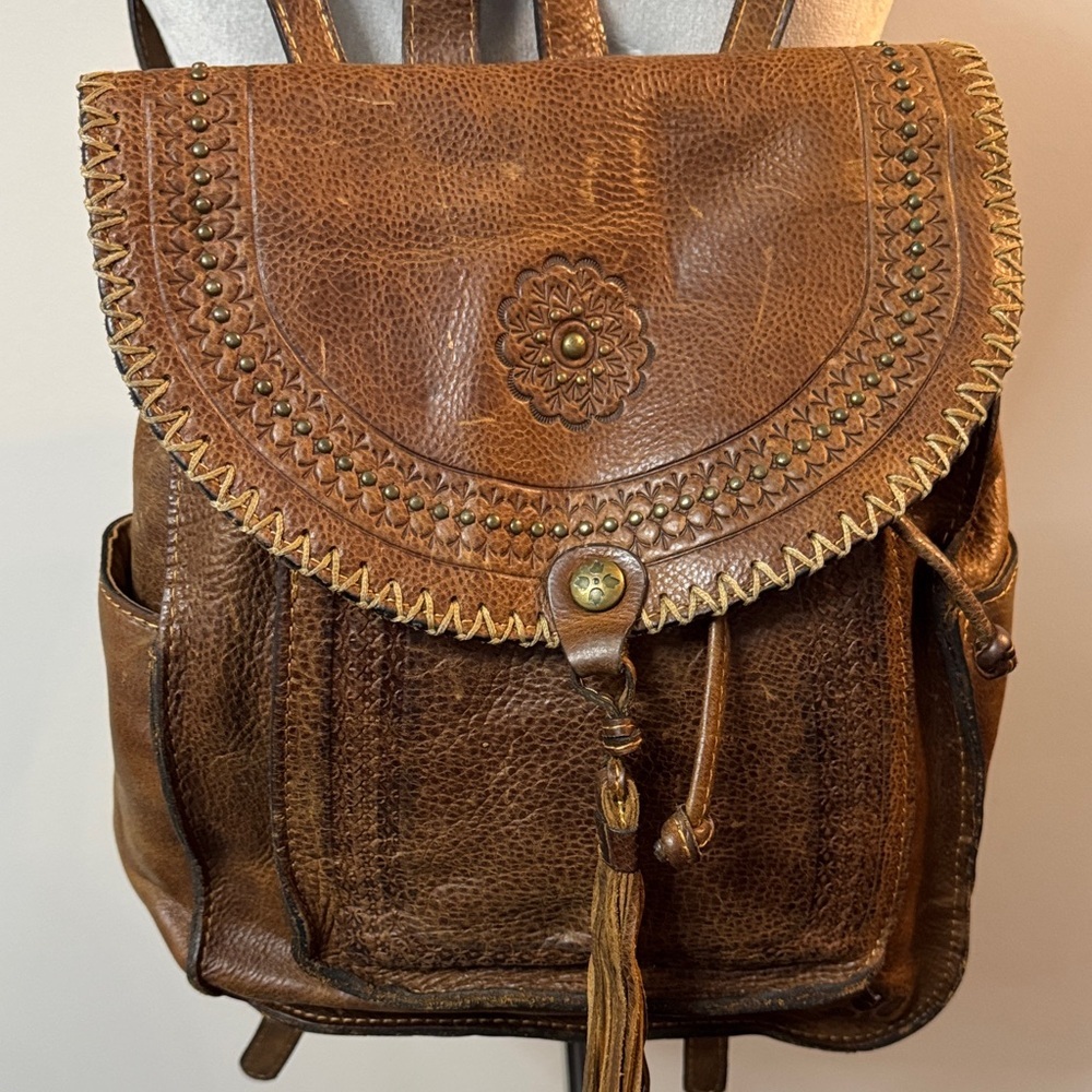 Patricia Nash Jovanna Tan Leather Rustic western Backpack with Tassel - Picture 2 of 16